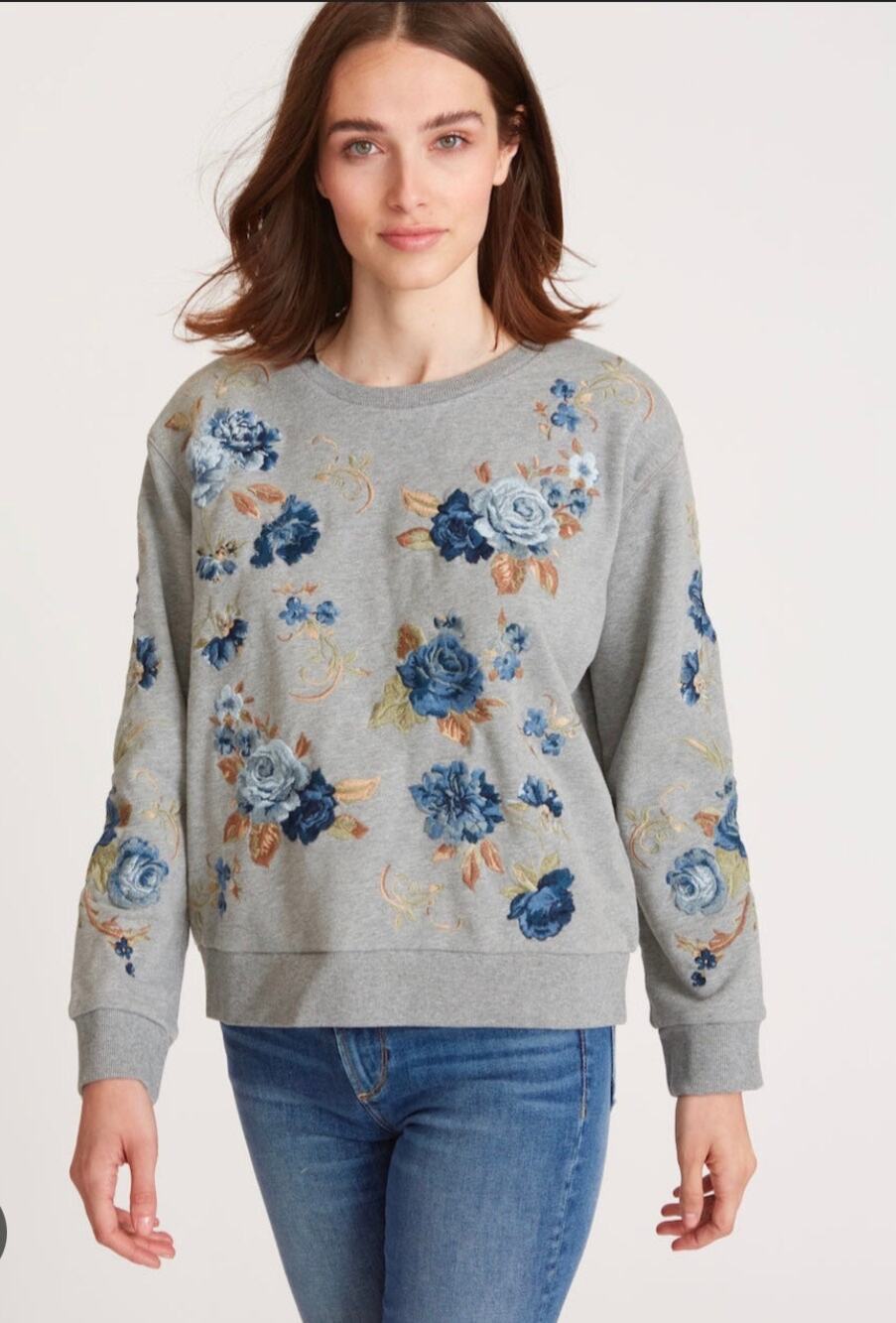 DRIFTWOOD Gray Sweater Blue Rose Floral Embroidered Sweatshirt S Long Sleeve